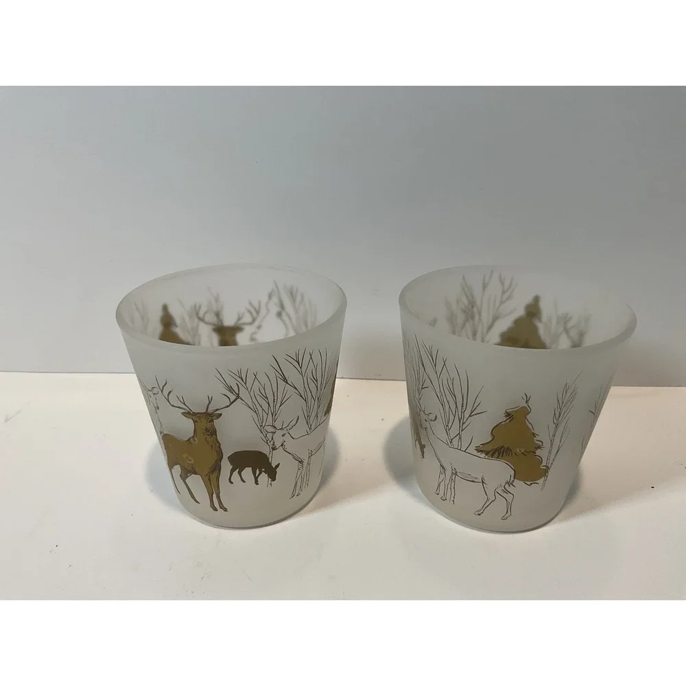Set Of 2 Frosted Glass Votive Candle Holders Woodland Deer Winter‎ Scene